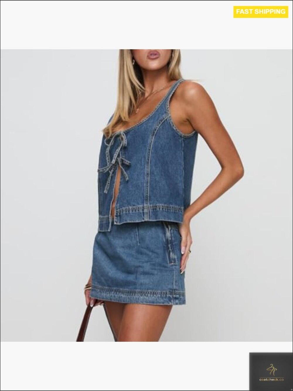 Denim 2 Piece Set Tie Front Vest and Mini Skirt Trendy Summer Going Out Outfit - Picture 3 of 7